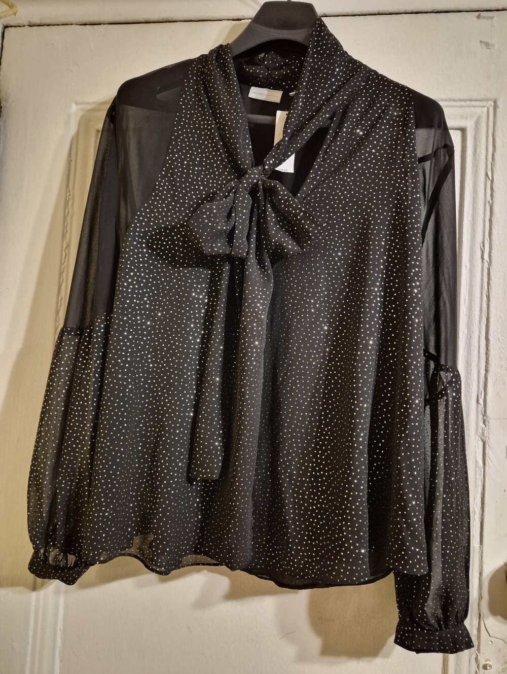 New York & CO Black Sheer Longsleeve Sequin Blouse With Neck Tie Size XL